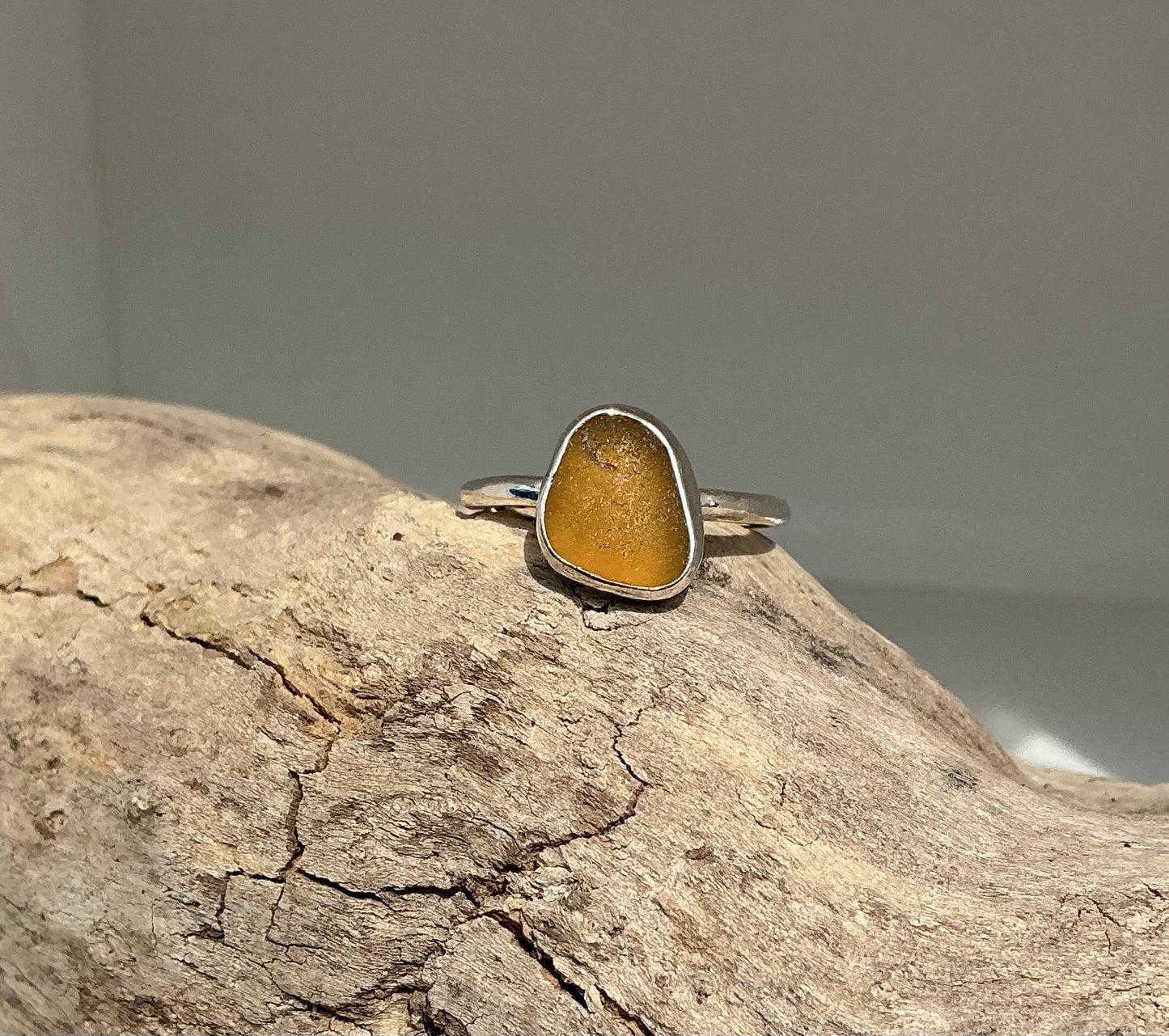 Amber sea glass ring UK size Q