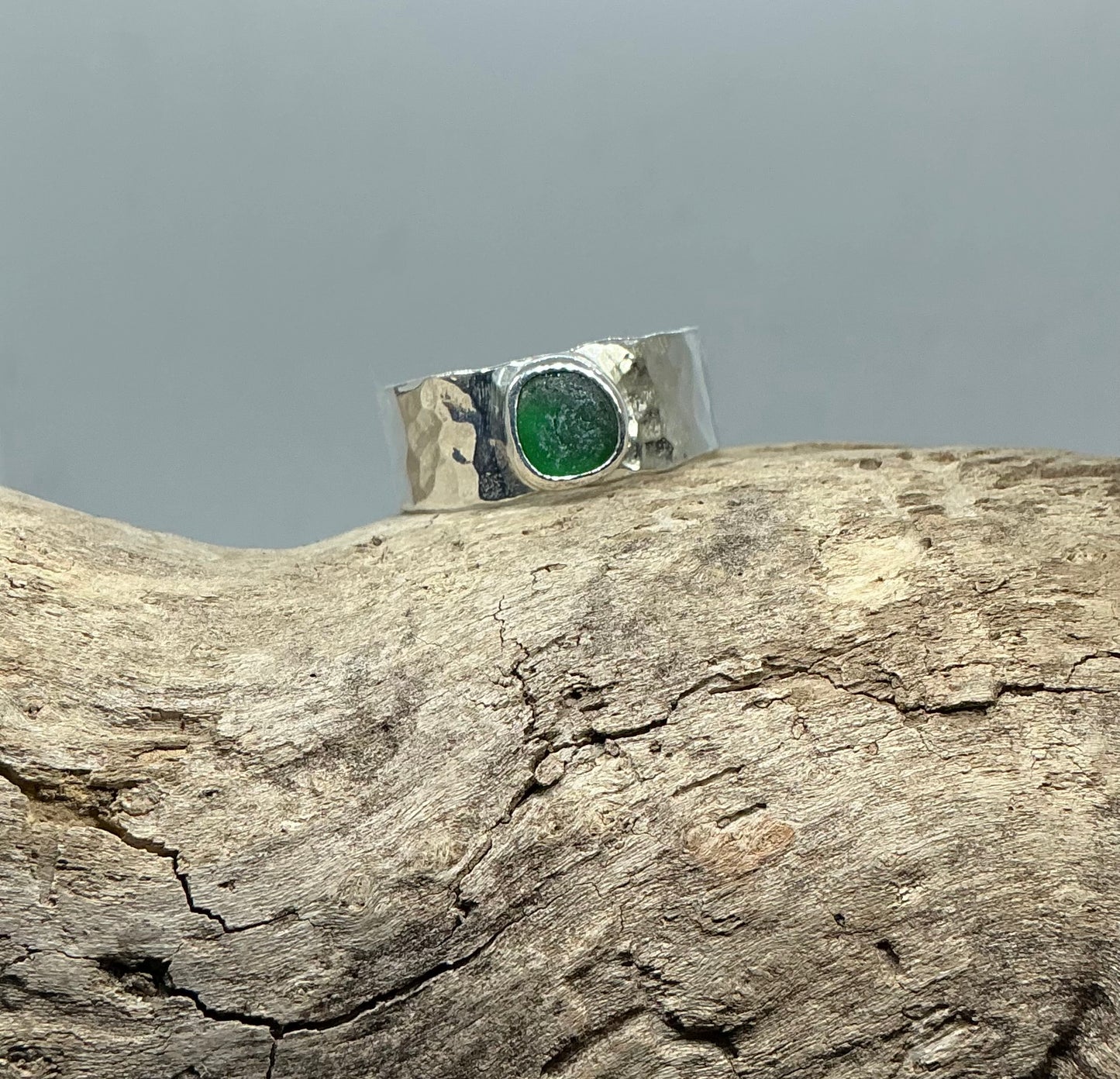 Christmas green sea glass ring UK size T