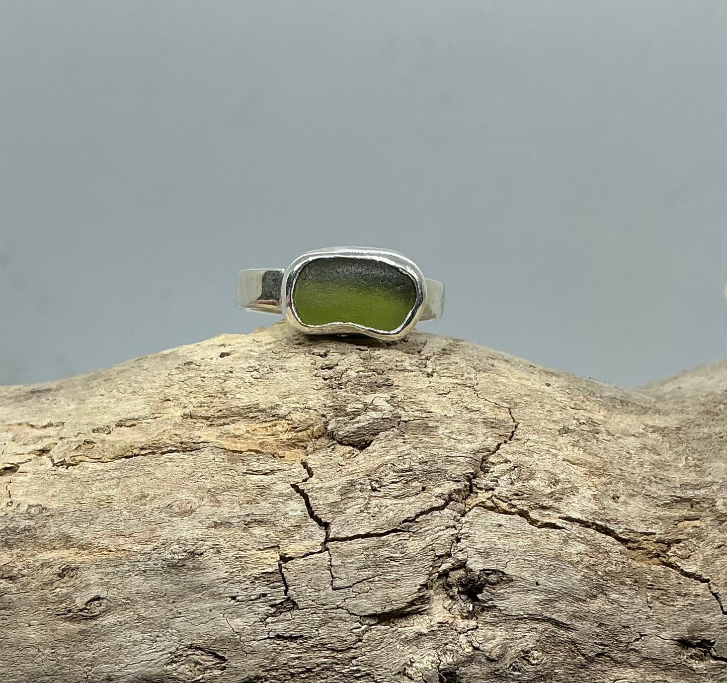 Olive green sea glass ring UK size S1/2