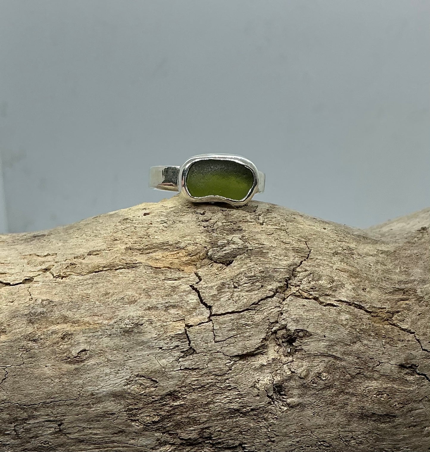 Olive green sea glass ring UK size S1/2