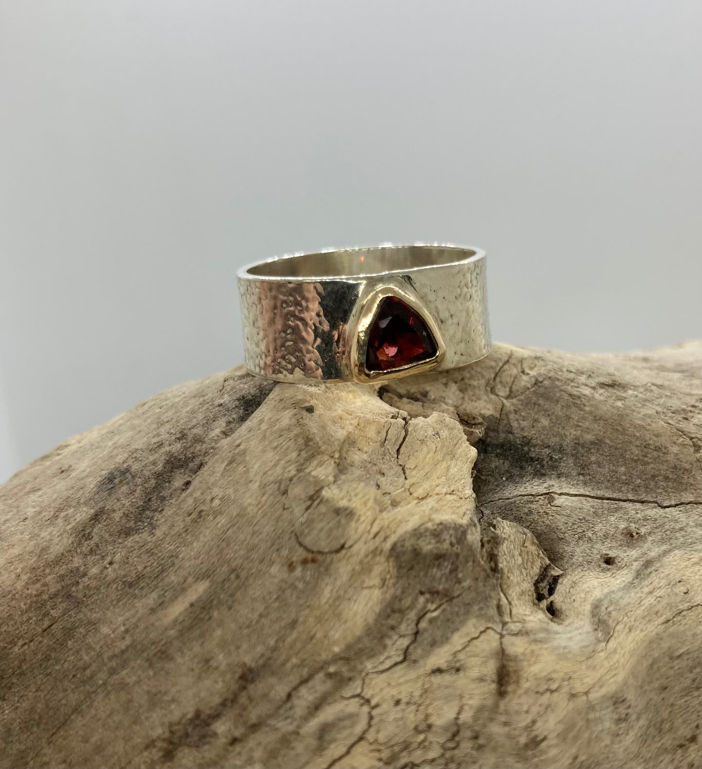 Garnet trillion 9 carat gold and sterling silver ring UK size Q