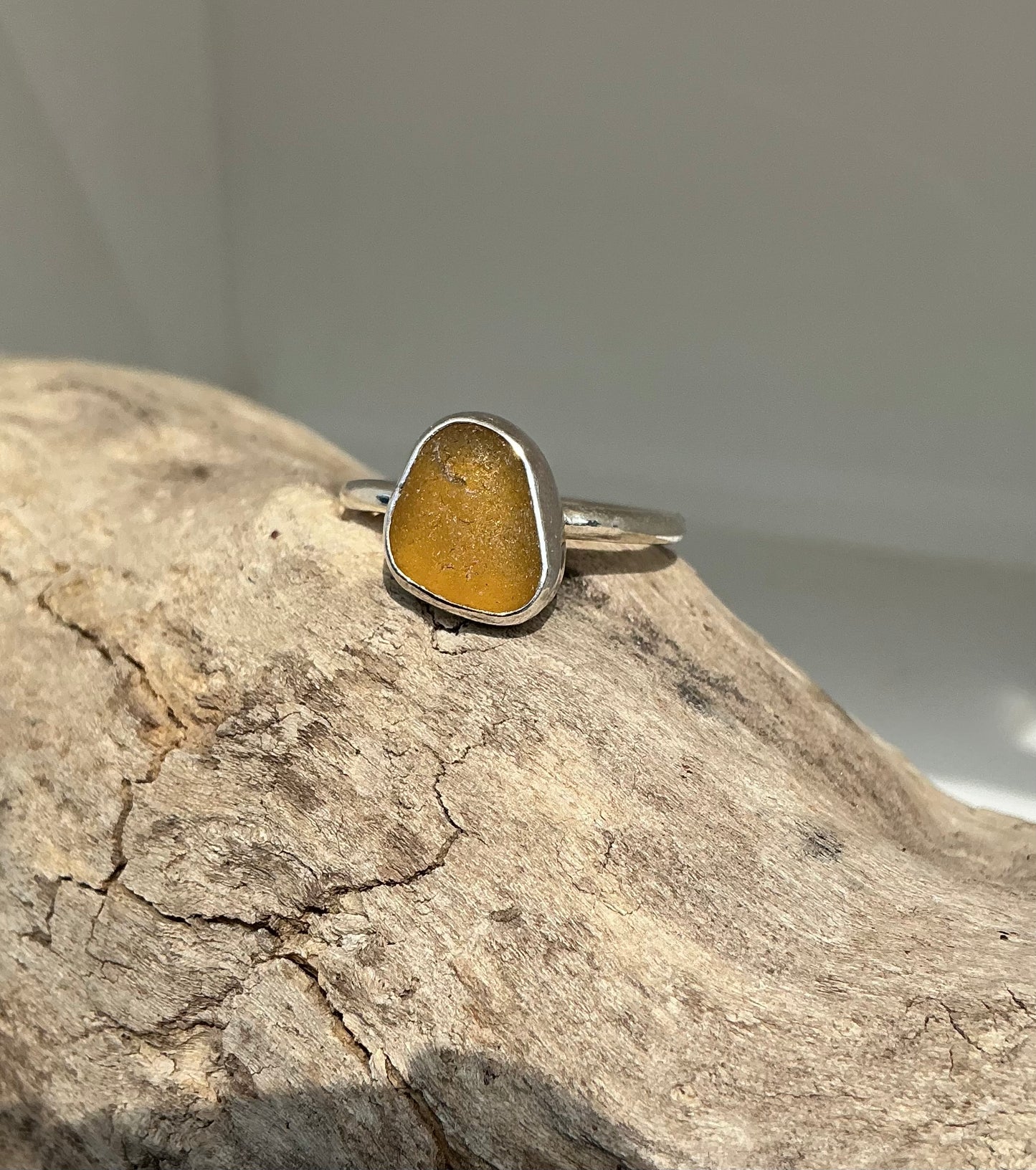 Amber sea glass ring UK size Q