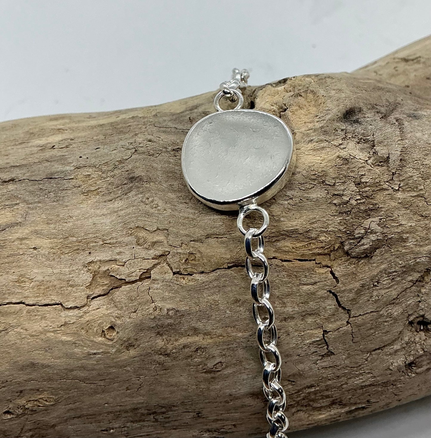 White Sea glass sterling silver chain bracelet