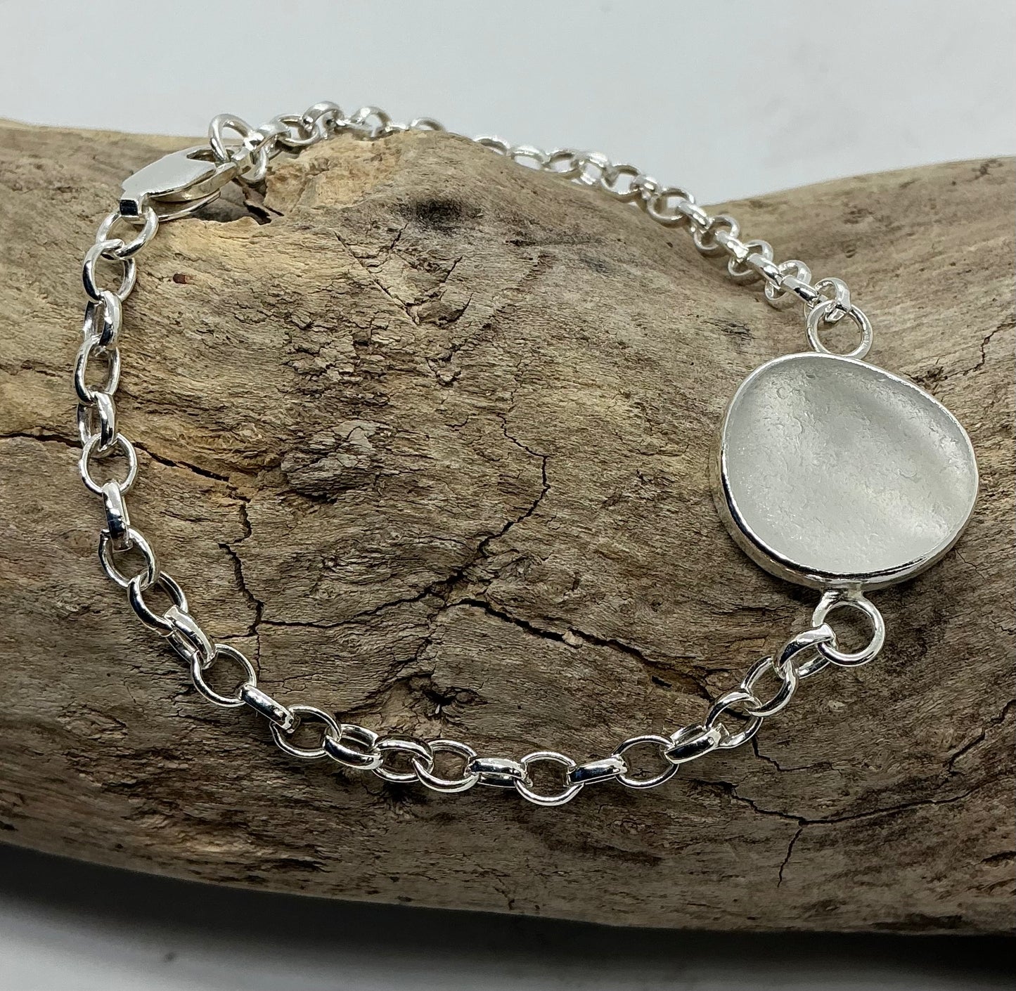 White Sea glass sterling silver chain bracelet