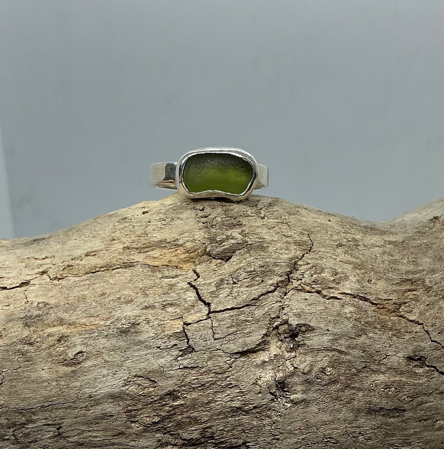 Olive green sea glass ring UK size S1/2