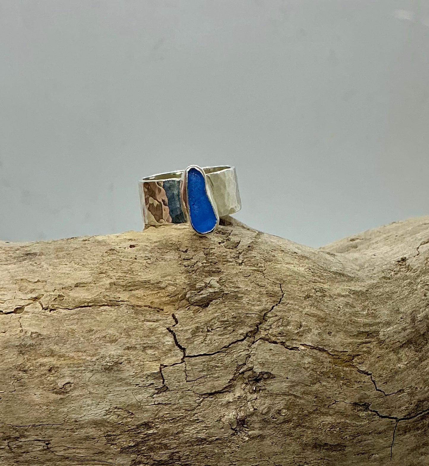 Stunning Cornflower blue sea glass sterling silver ring UK size M