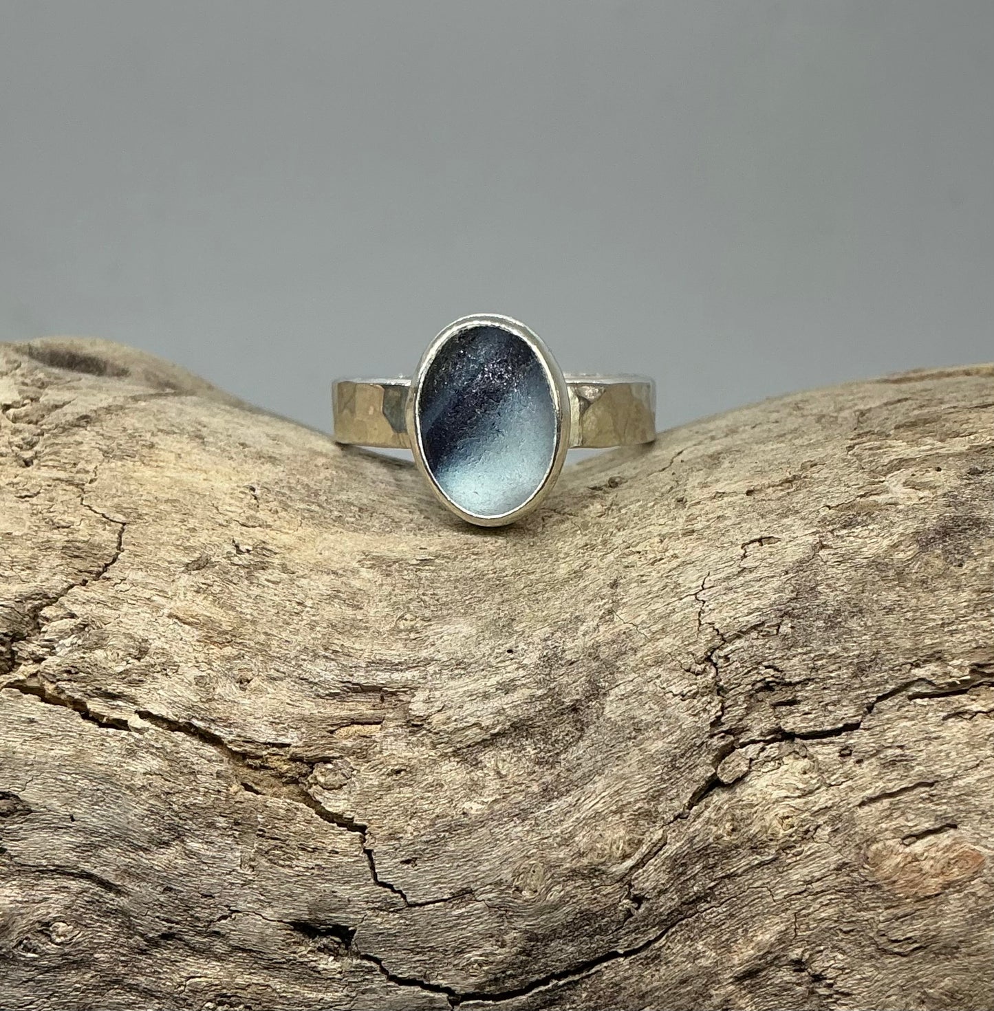 Rare blue and white multi sea glass ring UK size R