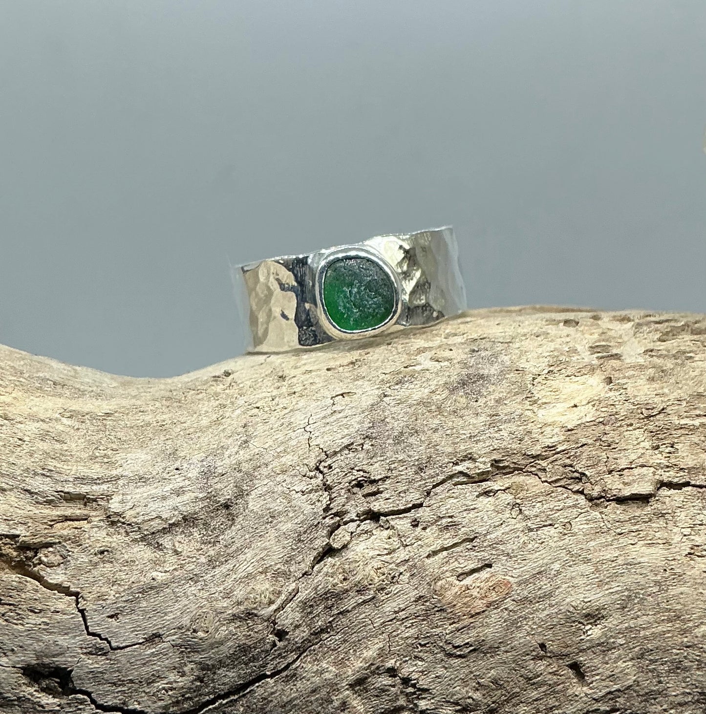 Christmas green sea glass ring UK size T