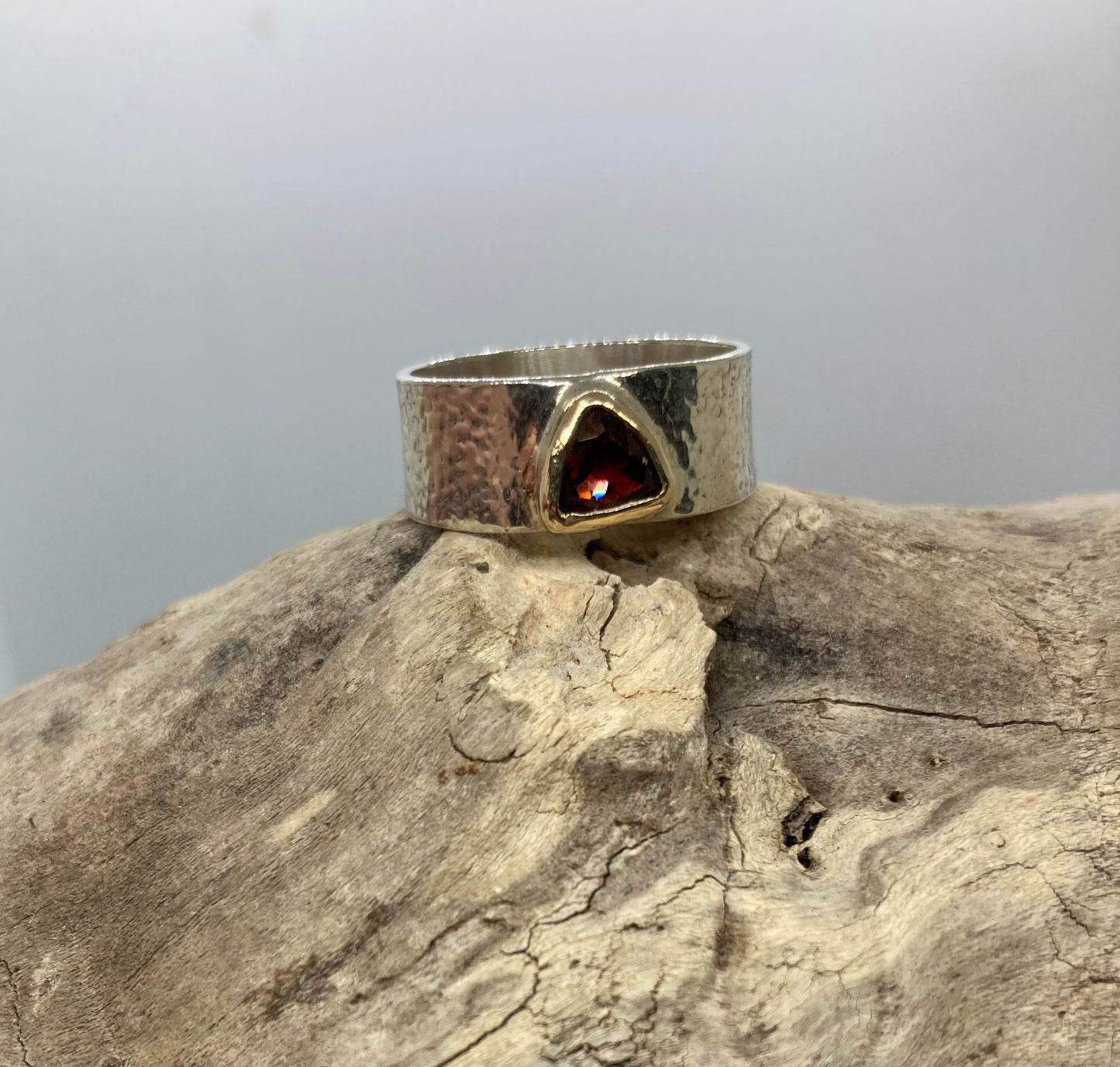 Garnet trillion 9 carat gold and sterling silver ring UK size Q