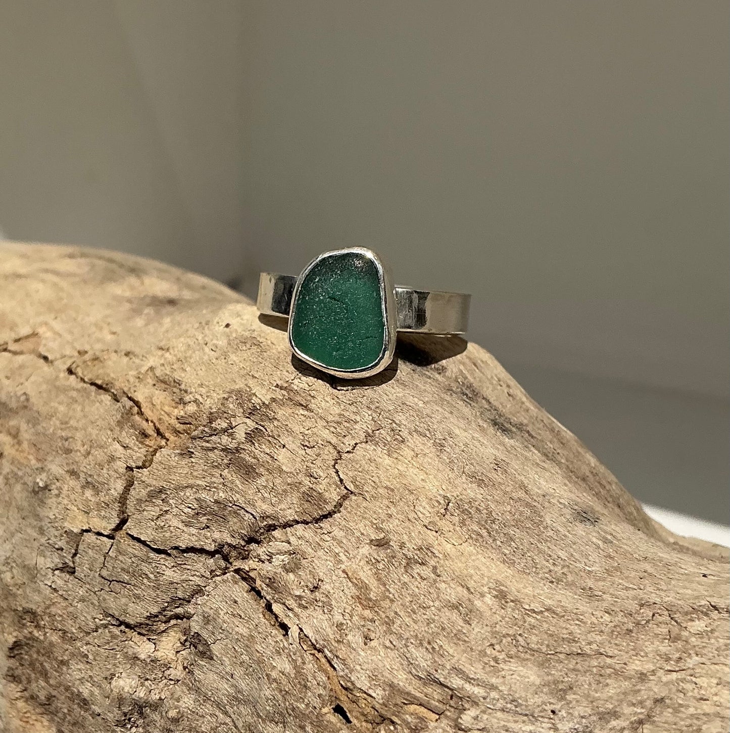 Gorgeous green Greek sea glass ring UK size N