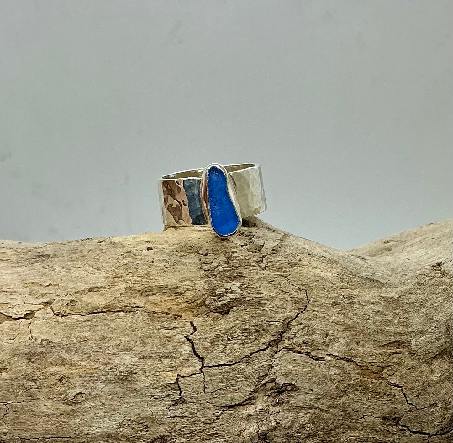 Stunning Cornflower blue sea glass sterling silver ring UK size M