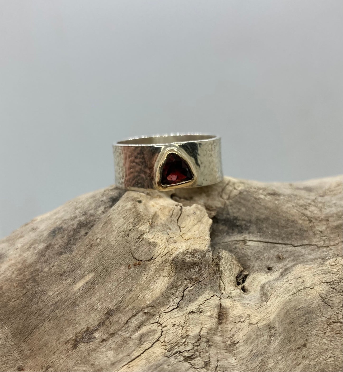 Garnet trillion 9 carat gold and sterling silver ring UK size Q