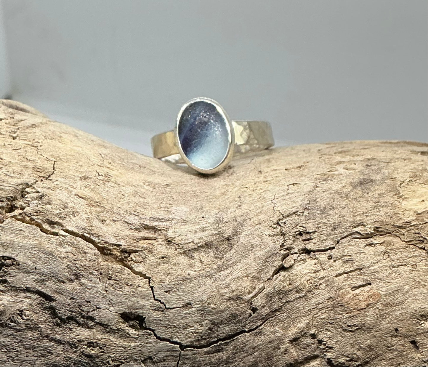 Rare blue and white multi sea glass ring UK size R