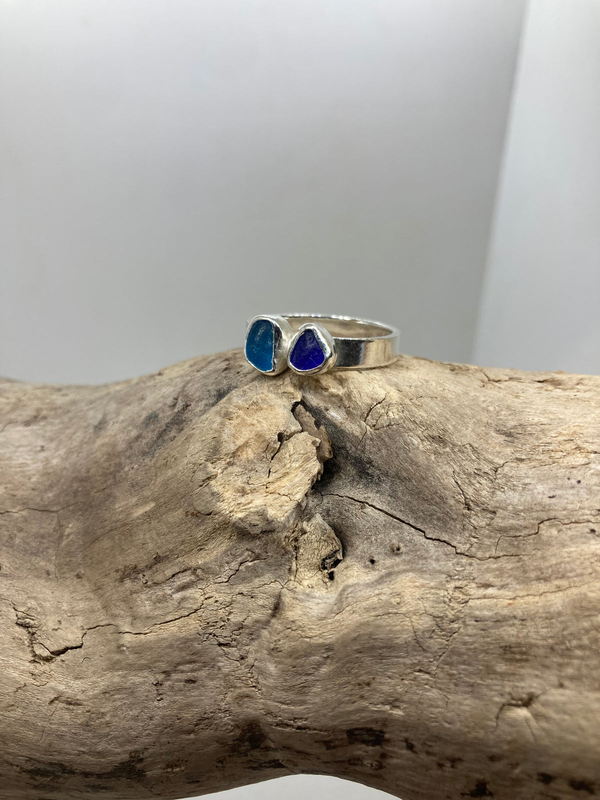 Shades of blue sea glass ring UK size S1/2