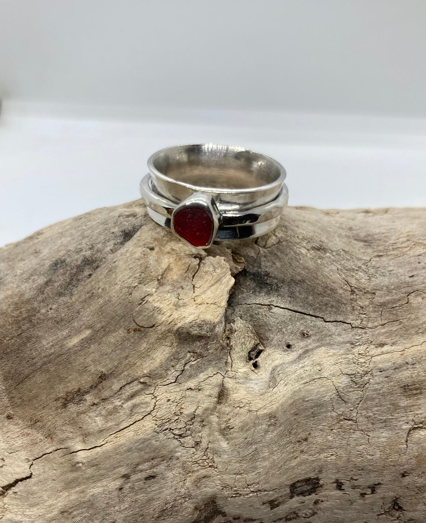 Rare Red Sea glass spinner ring UK Size O