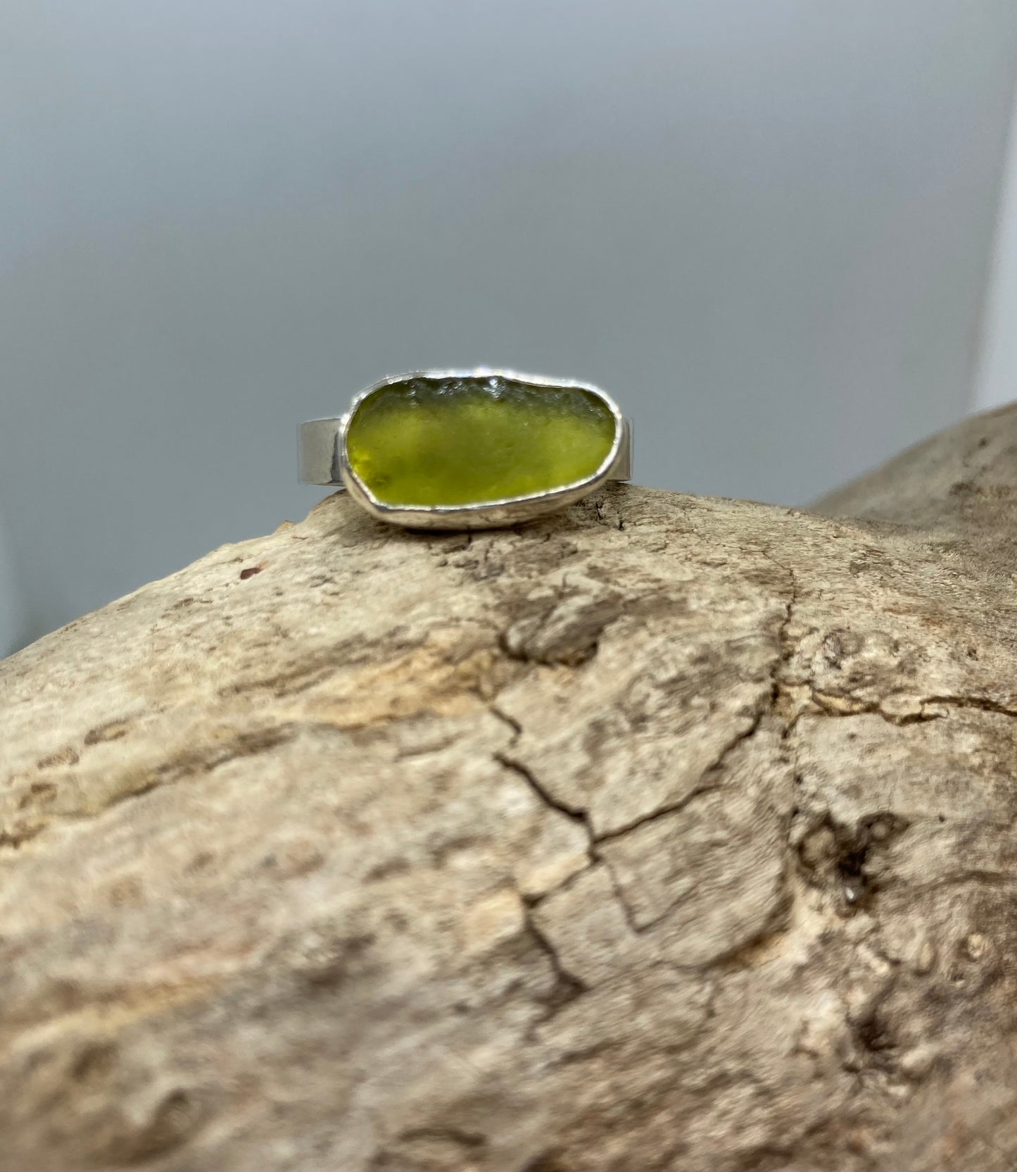 Light olive green sea glass ring UK size O1/2