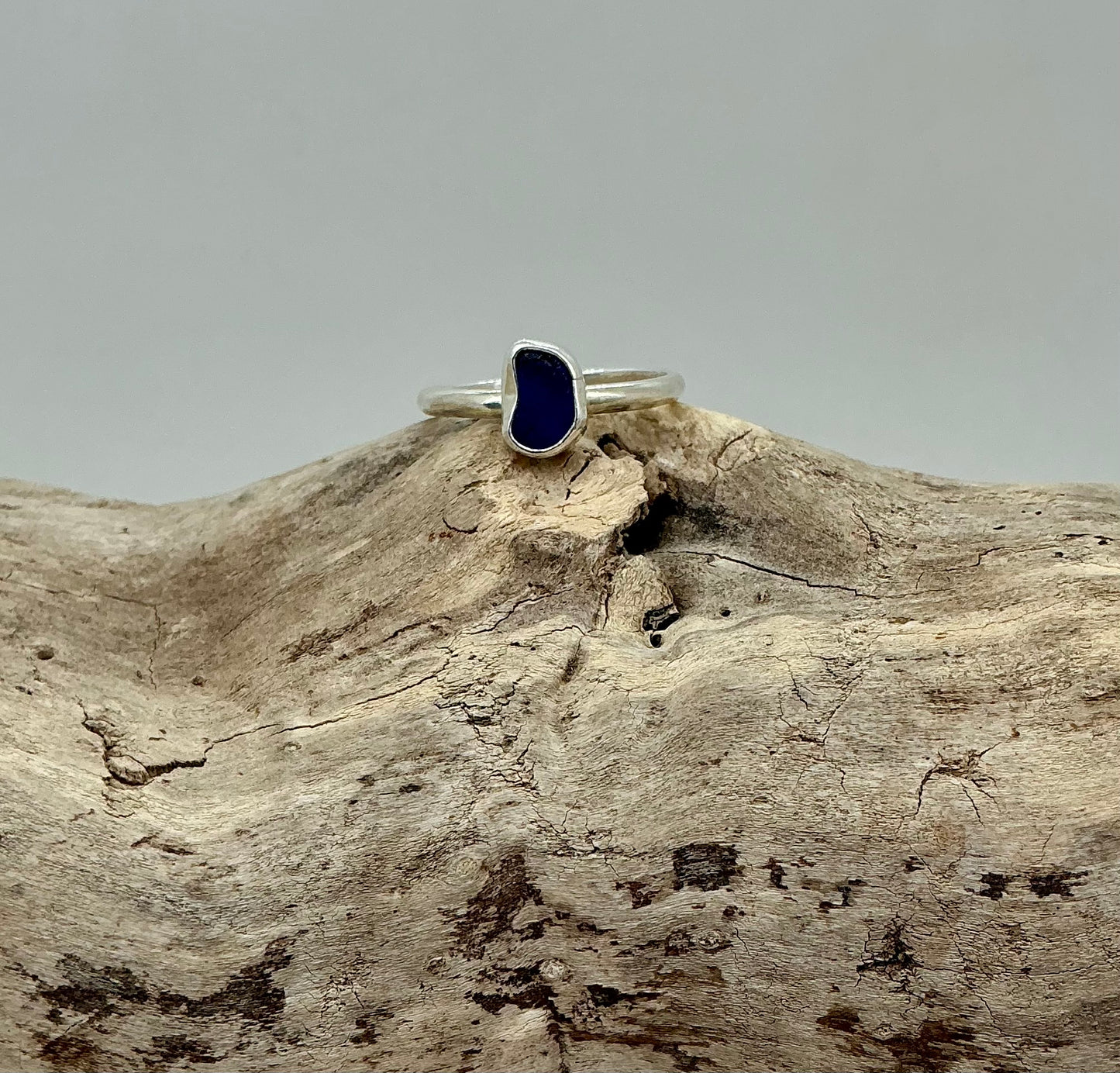 Royal blue sea glass ring UK size S1/2