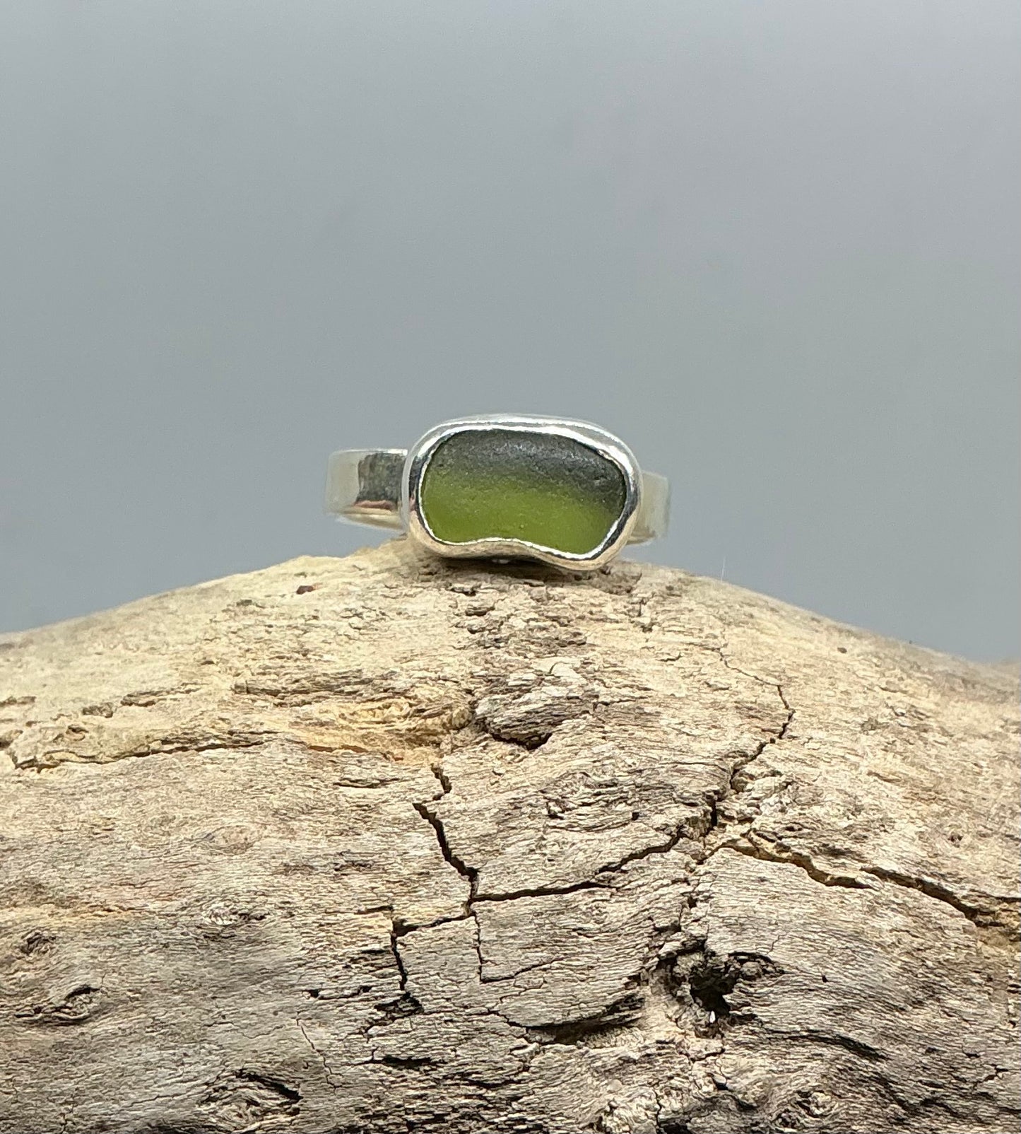 Olive green sea glass ring UK size S1/2