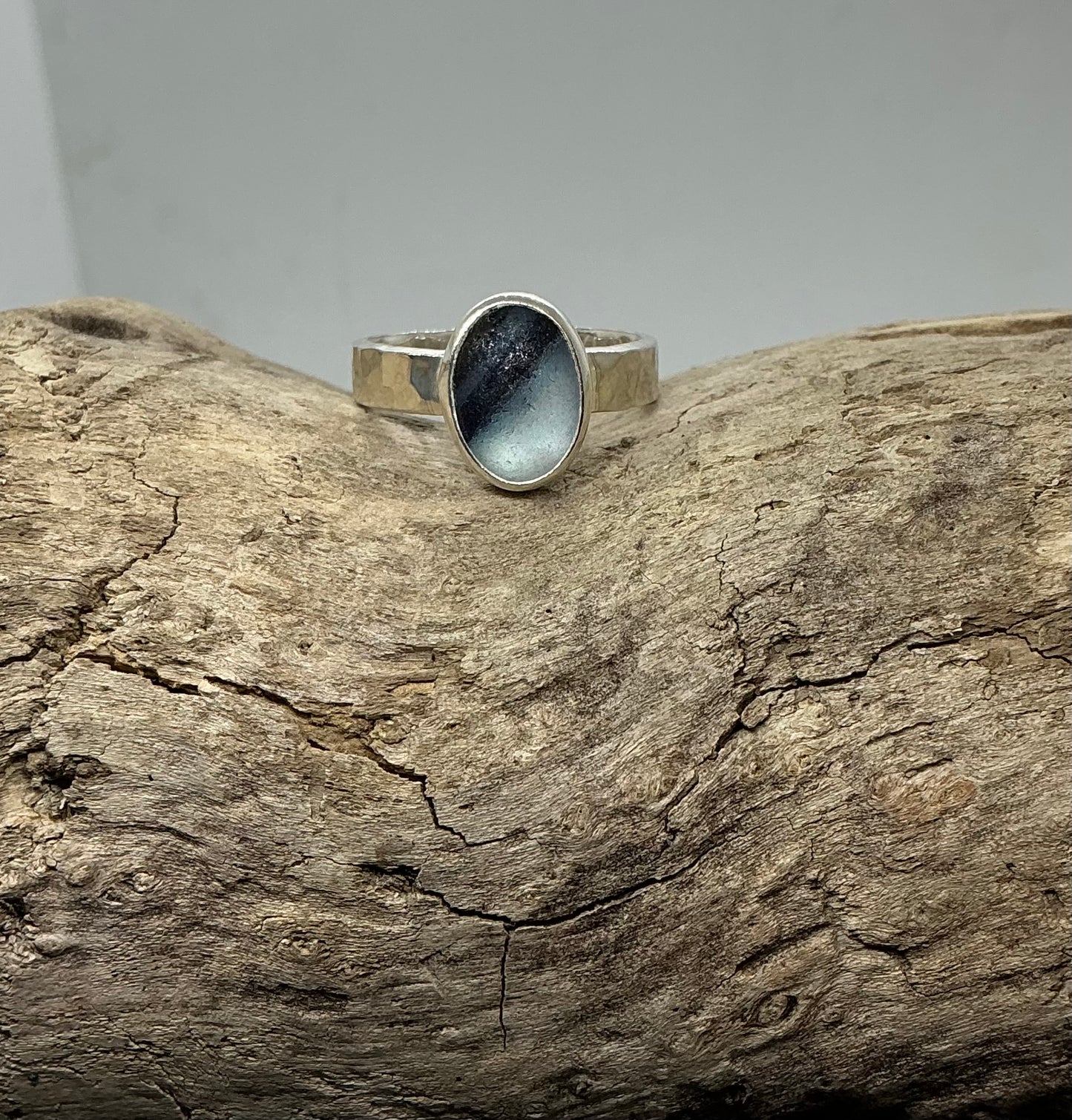 Rare blue and white multi sea glass ring UK size R
