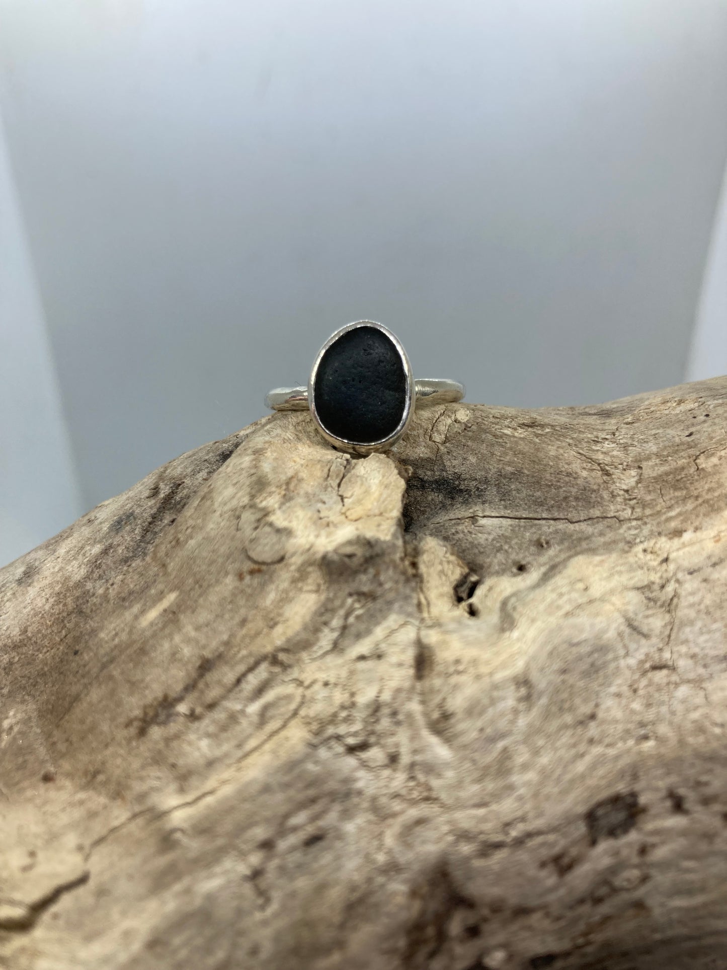 Black Sea glass ring UK Size Q