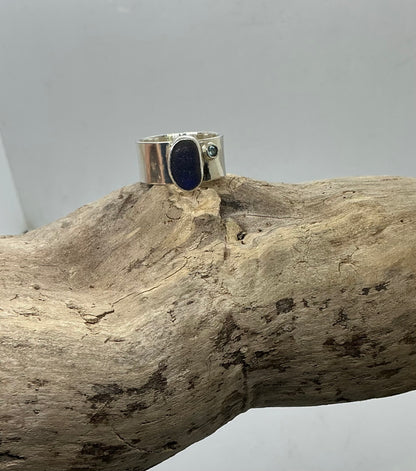 Stunning blue sea glass ring with blue Topaz UK size R1/2