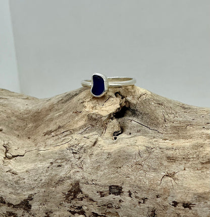 Royal blue sea glass ring UK size S1/2