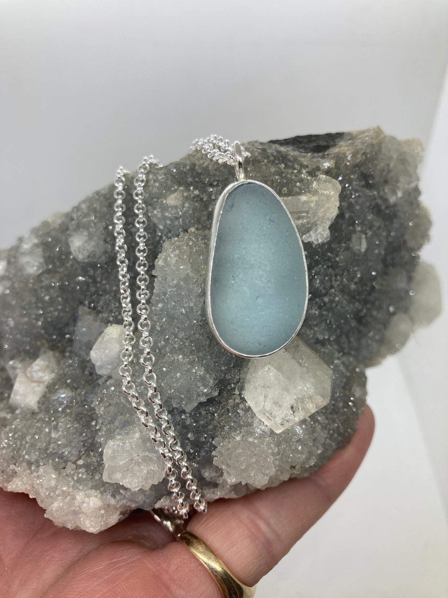 Chunky pale blue Seaham sea glass pendant