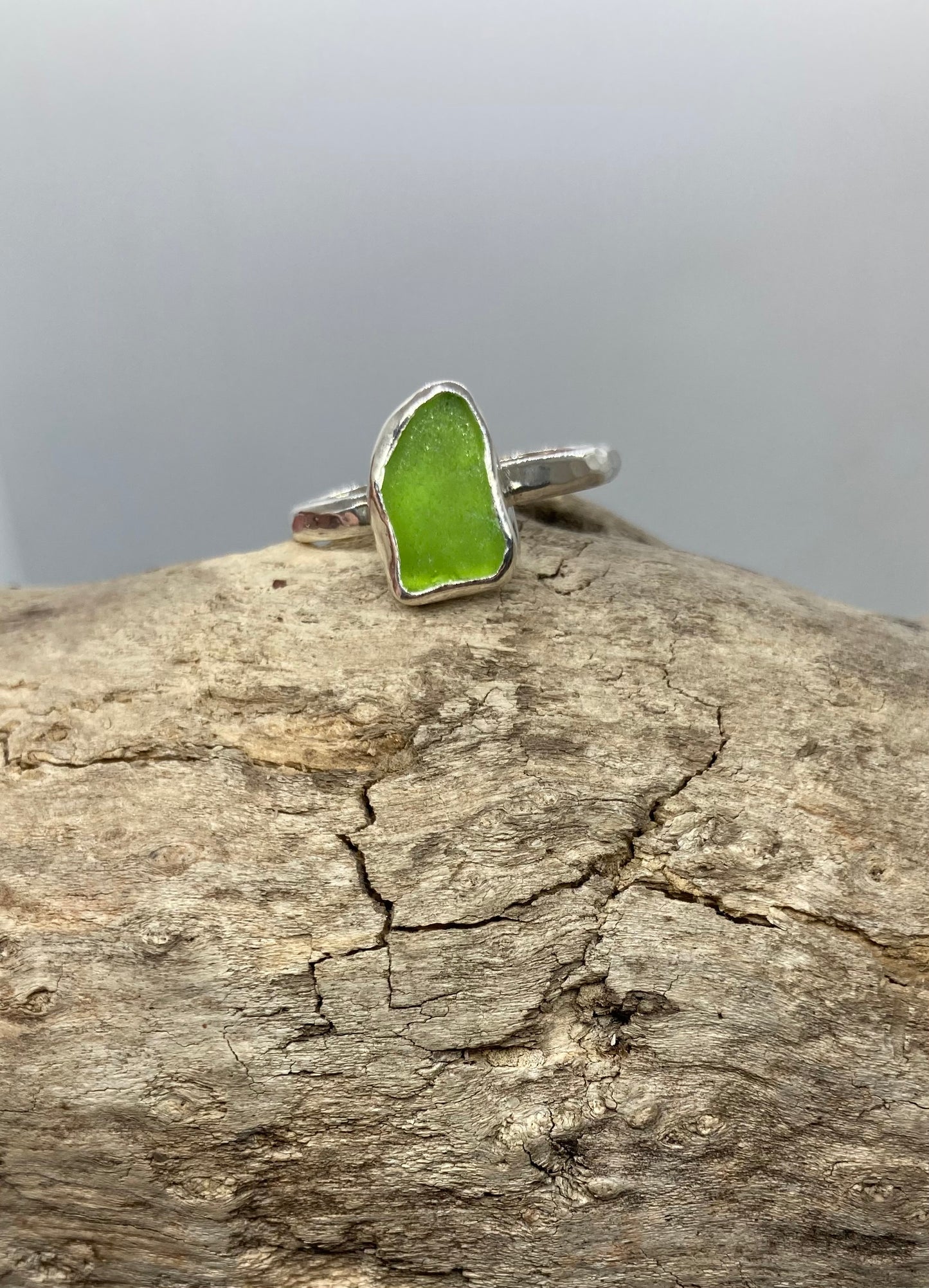 Lime green sea glass ring UK size P