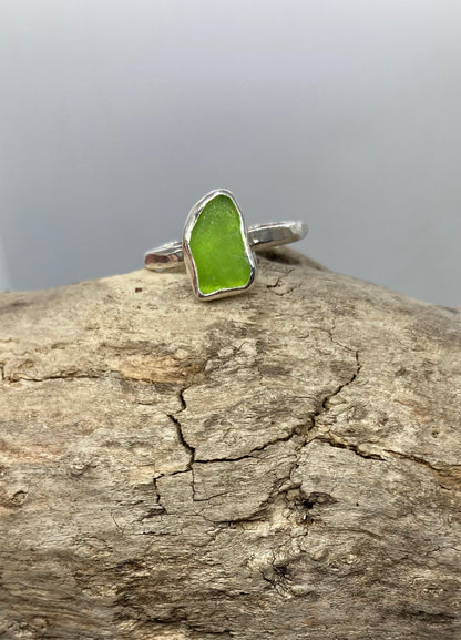 Lime green sea glass ring UK size P