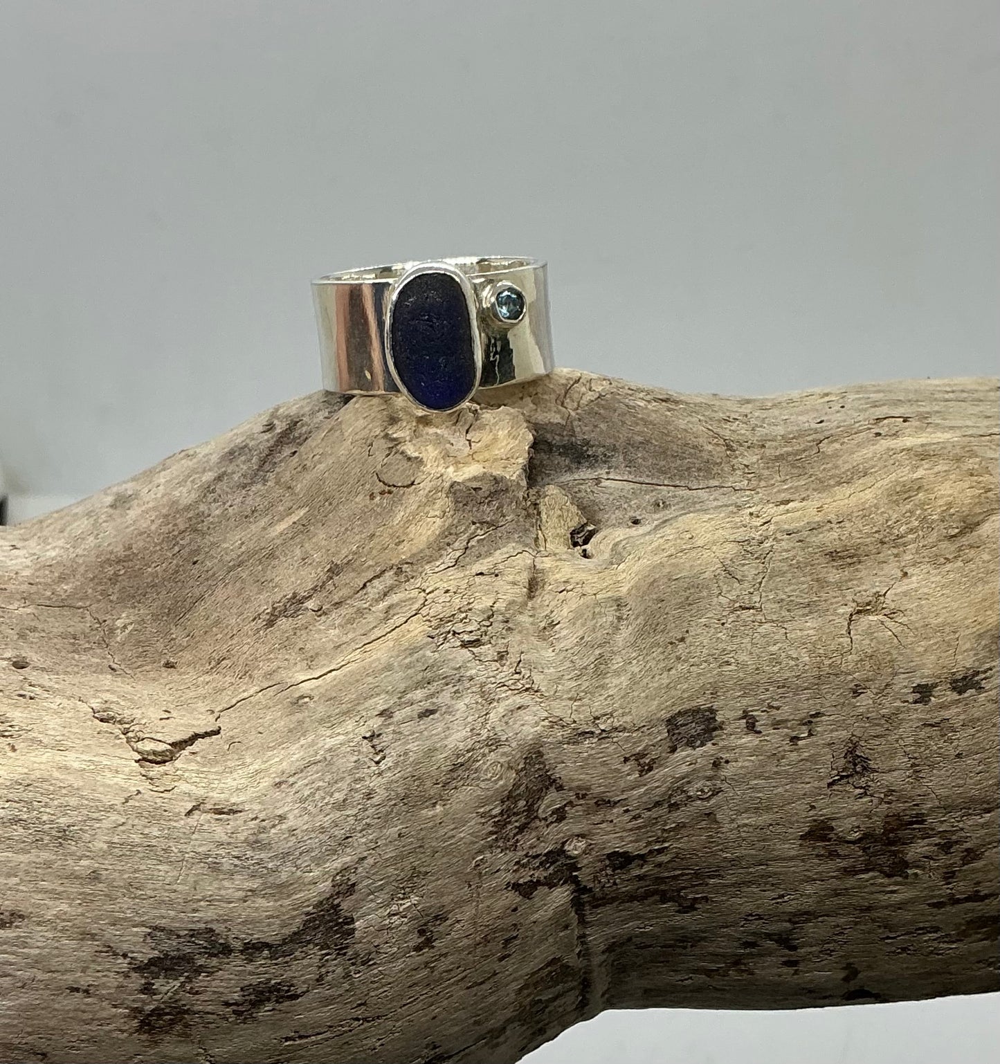 Stunning blue sea glass ring with blue Topaz UK size R1/2