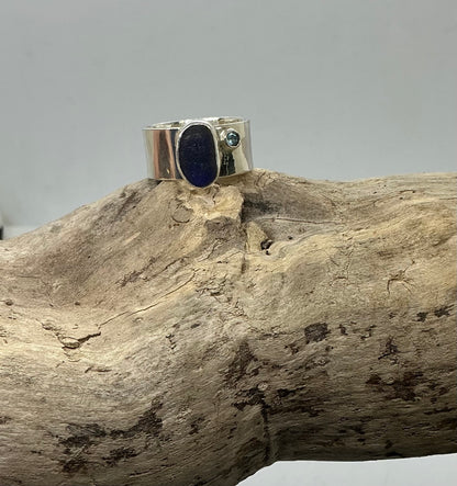 Stunning blue sea glass ring with blue Topaz UK size R1/2