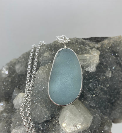 Chunky pale blue Seaham sea glass pendant