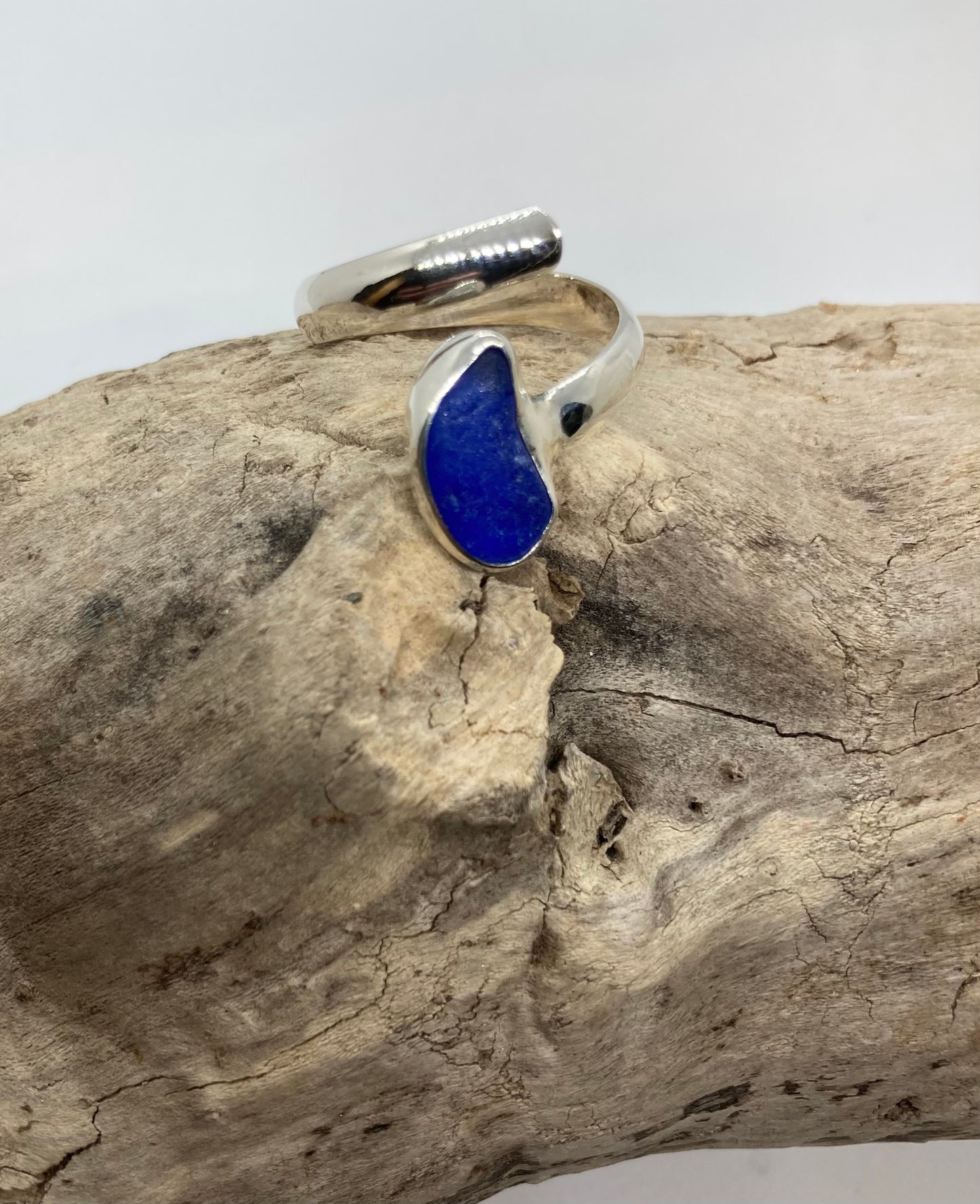 Blue sea glass twist ring UK size R