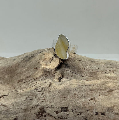 Rare yellow Scottish sea glass ring UK size N