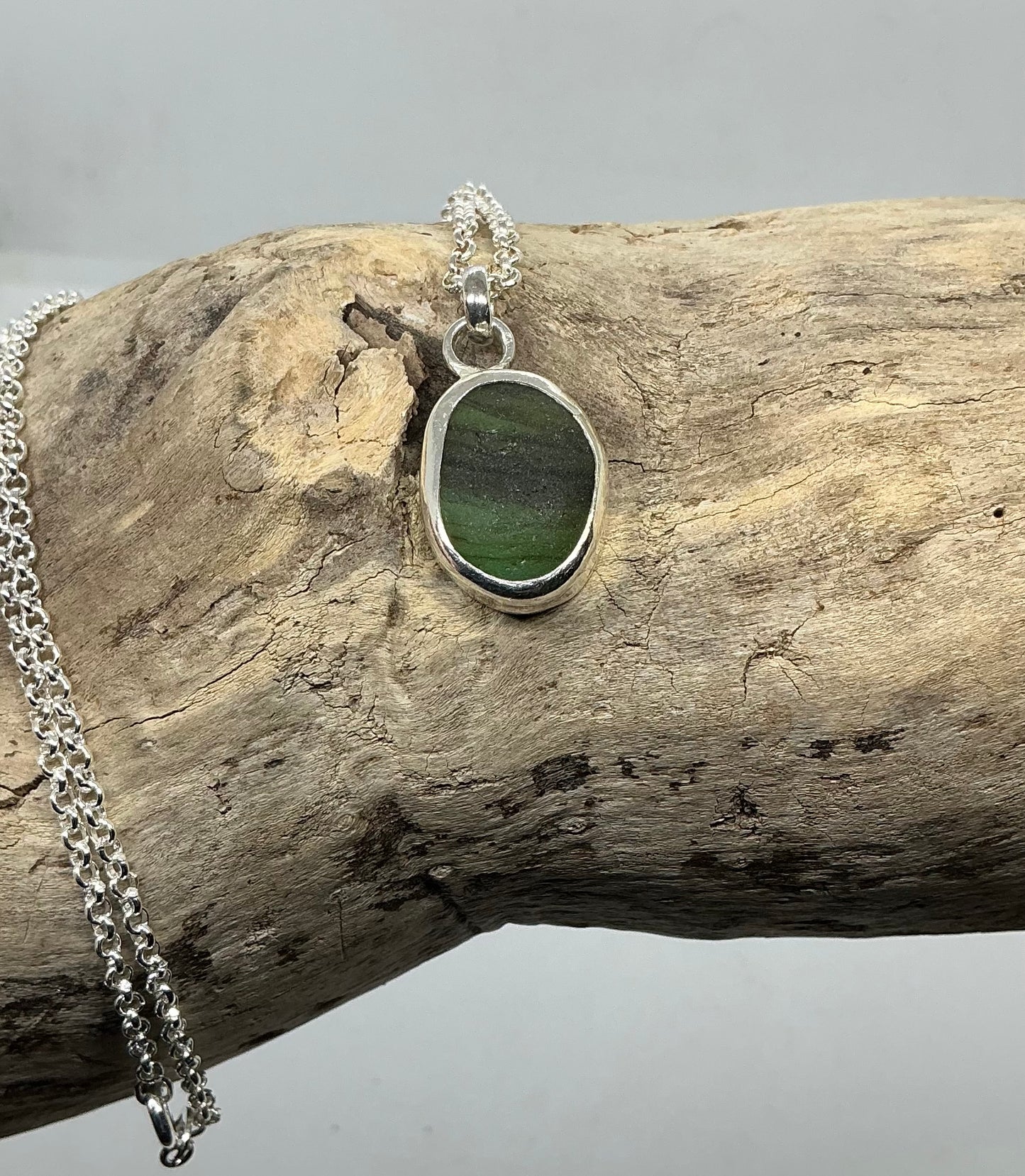 Stripy Olive green Seaham sea glass glass pendant