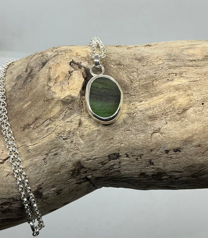 Stripy Olive green Seaham sea glass glass pendant
