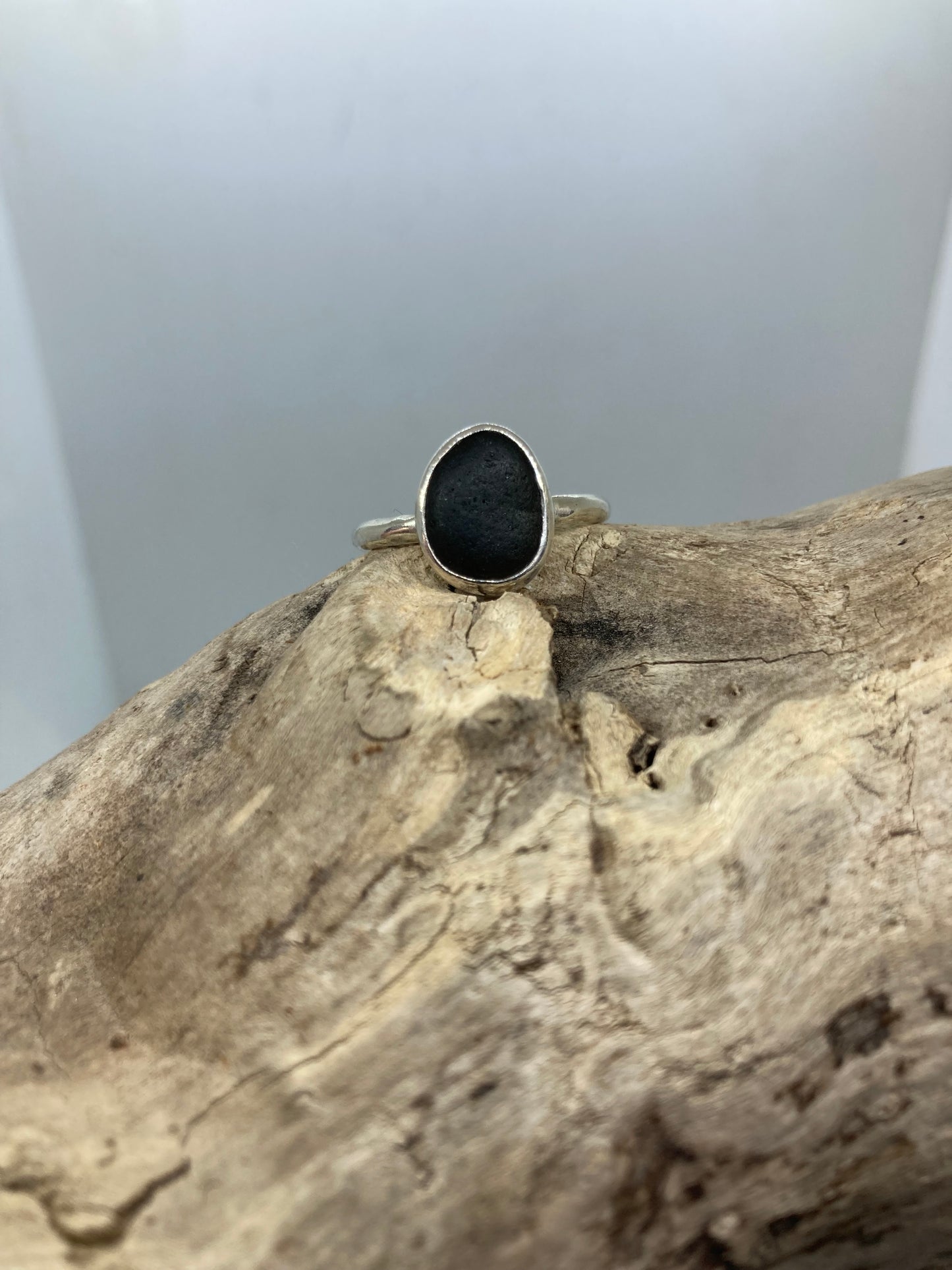 Black Sea glass ring UK Size Q