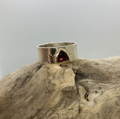 Garnet trillion 9 carat gold and sterling silver ring UK size Q