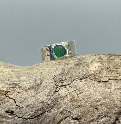 Christmas green sea glass ring UK size T