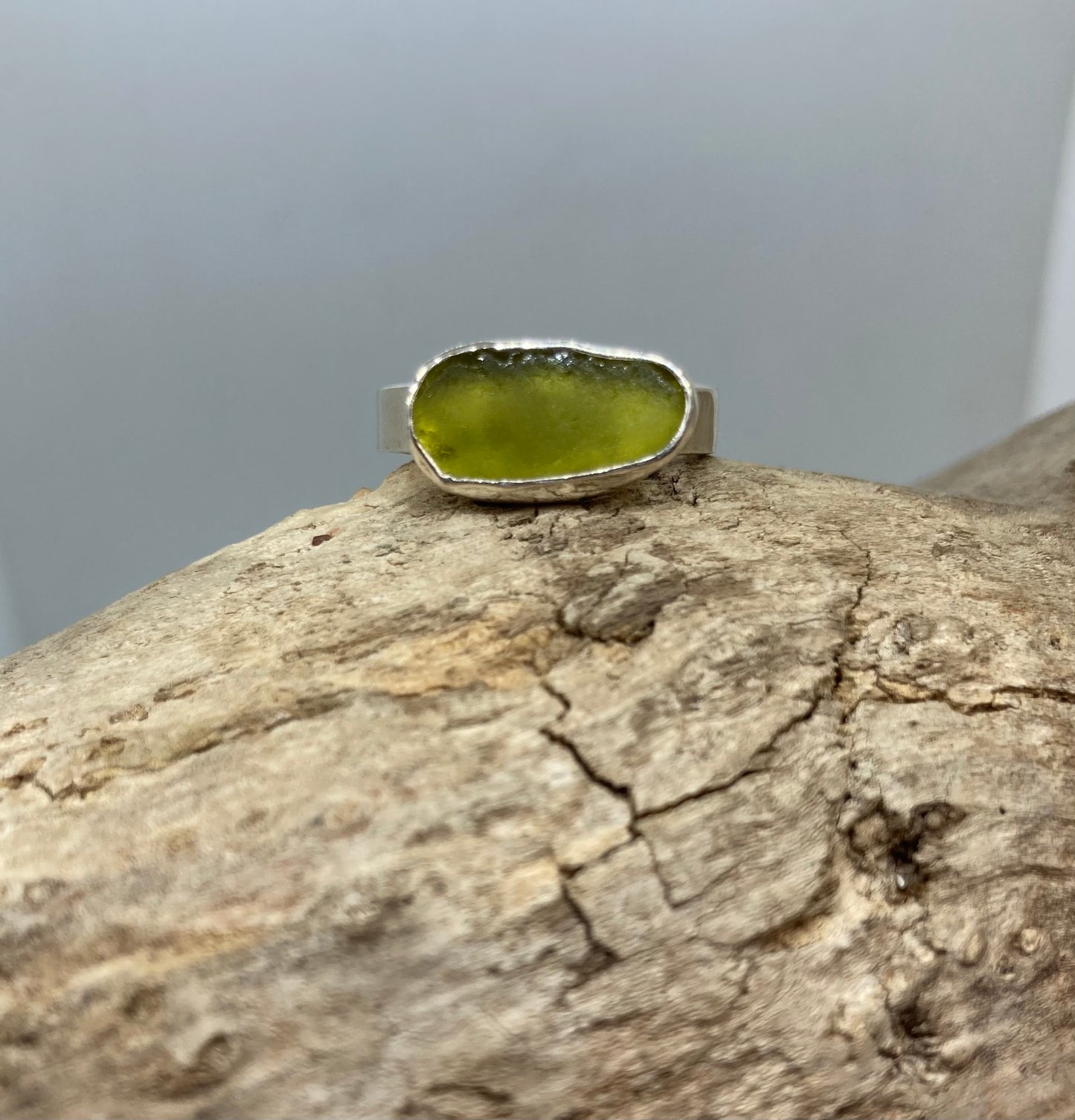 Light olive green sea glass ring UK size O1/2
