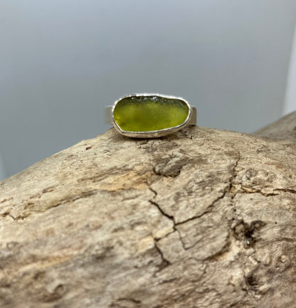 Light olive green sea glass ring UK size O1/2