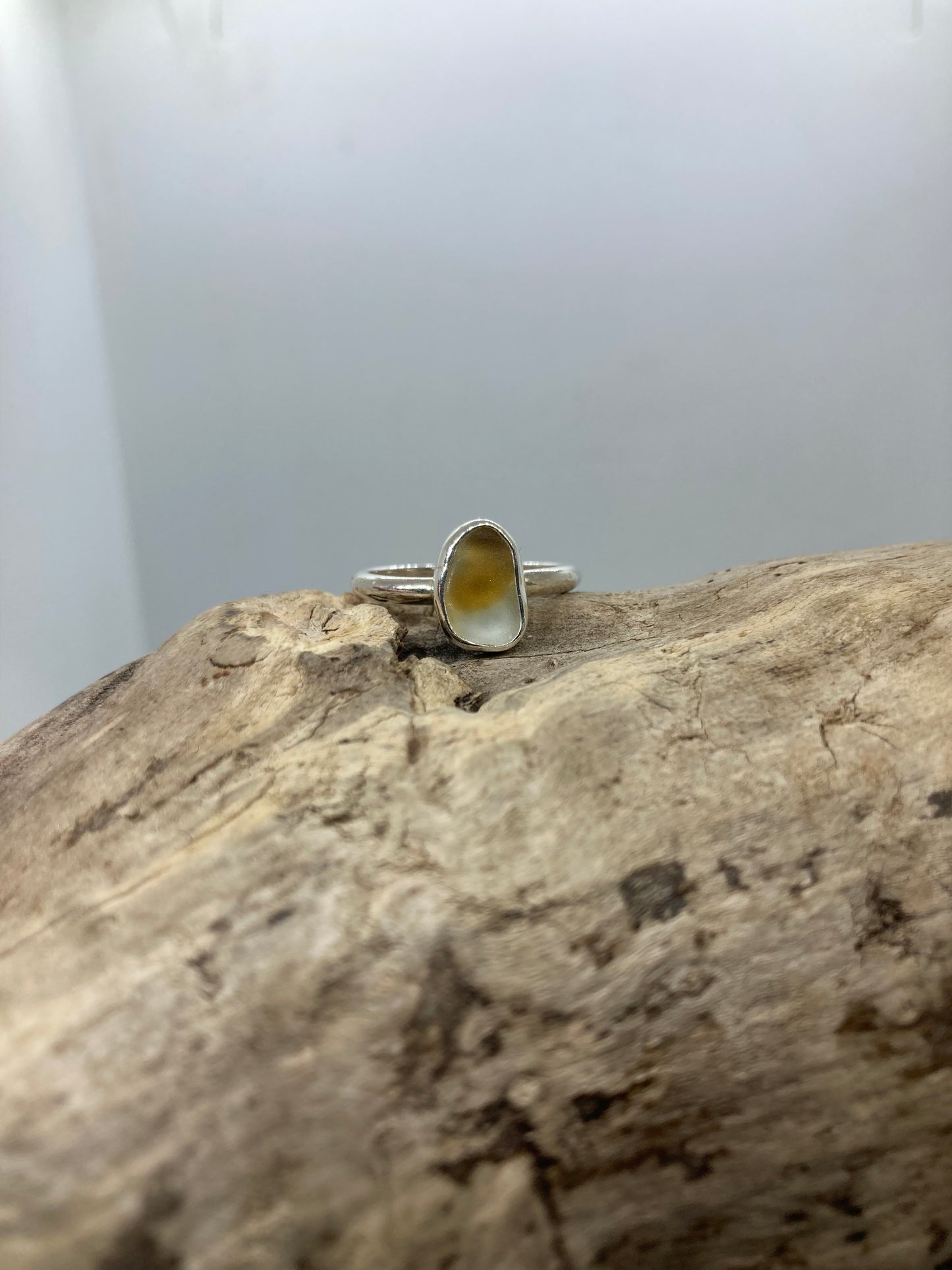 Yellow and white multi Seaham sea glass ring UK size M