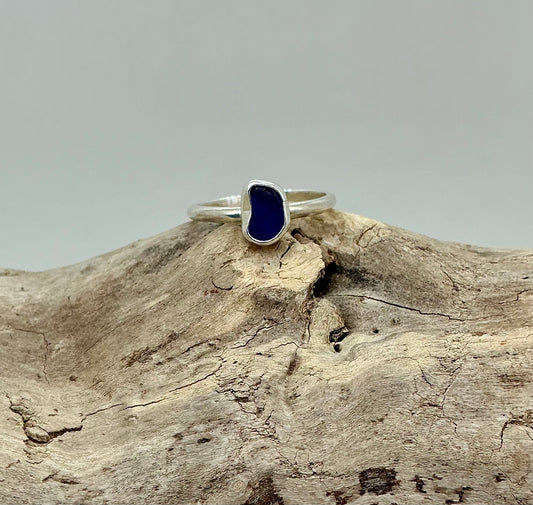 Royal blue sea glass ring UK size S1/2