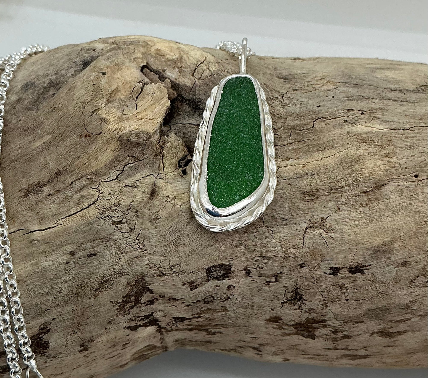 Chunky bright green sea glass pendant