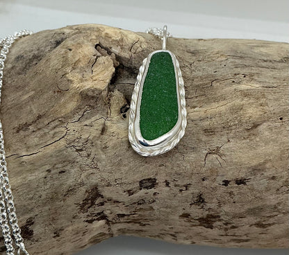 Chunky bright green sea glass pendant