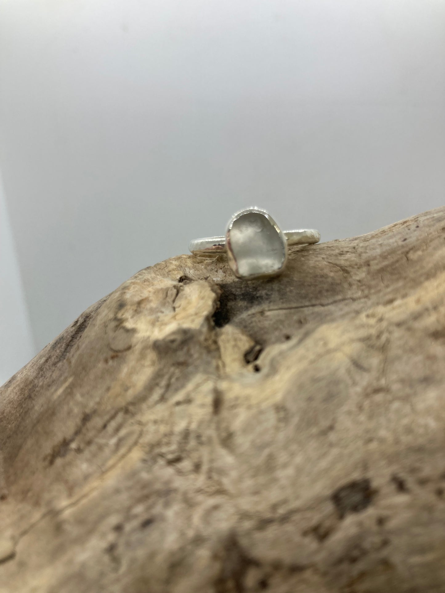 White Sea glass hammered ring UK size Q