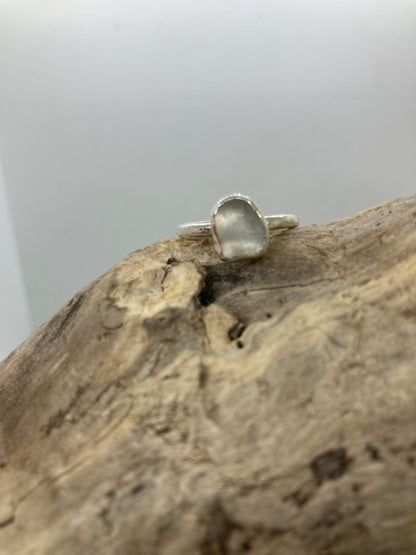 White Sea glass hammered ring UK size Q
