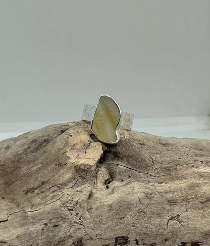 Rare yellow Scottish sea glass ring UK size N