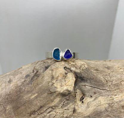 Shades of blue sea glass ring UK size S1/2