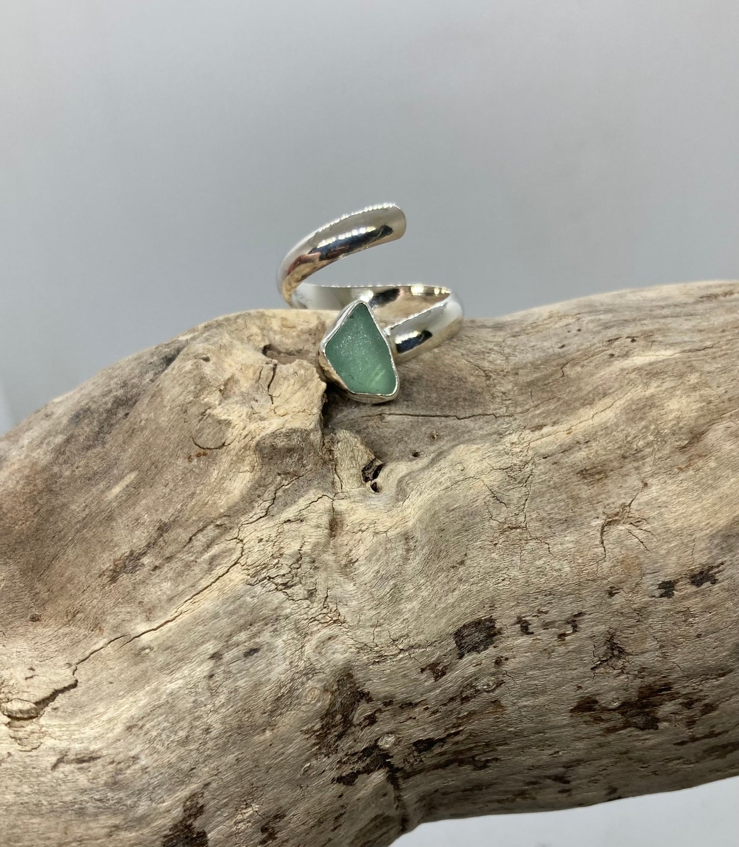 Teal grey sea glass twist ring UK size N